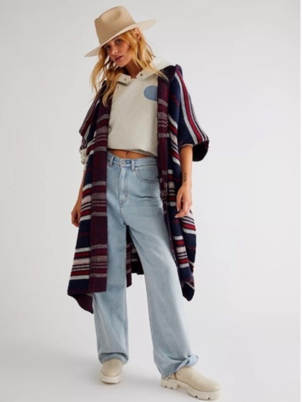 Free People Cold Canyon Hooded Poncho Striped Hooded Oversized Blue Red One Size